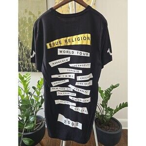 True Religion World Tour Cities Men's Sz Large Black Gold TEE T-SHIRT Honolulu